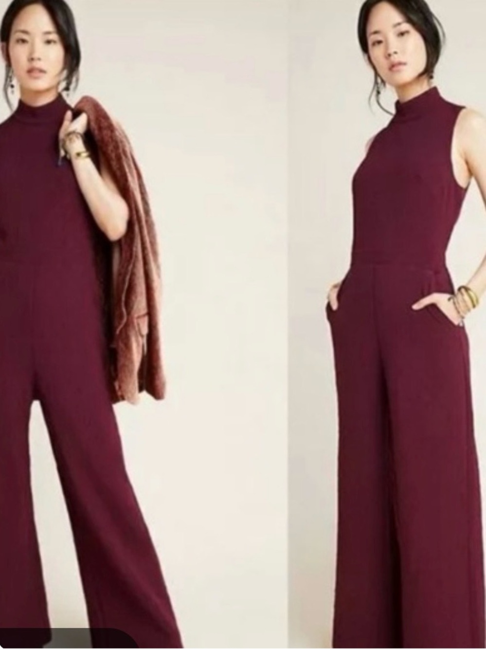 Eva Franco forAnthropologie - Sleeveless High-Neck Wide-Leg Jumpsuit in Burgundy
